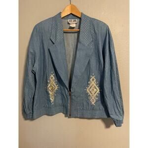 Vintage Jacket Womens 16 Denim Embellished Aztec Full Zip Western Cowgirl 90s